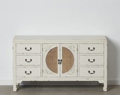 ARTHUR Buffet or sideboard cabinet with 6 drawers and 2 doors, in wood and natural wicker with a rough finish