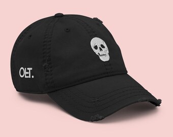 Offbeatrip Skull &Logo Gorra de béisbol, Sombrero de papá angustiado, Sombreros de verano, Colección de verano, Moda streetwear, Estilo urbano