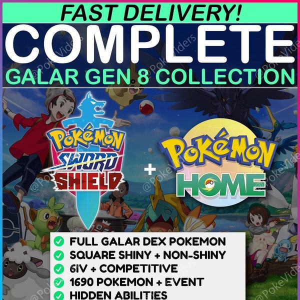 Pokemon Sword & Shield / COMPLETE Galar Gen 1-8 Dex / Shiny + Non / Event / 6IV / ALL DLC / Hidden Abilities + Forms / GMax / Breeding Ditto