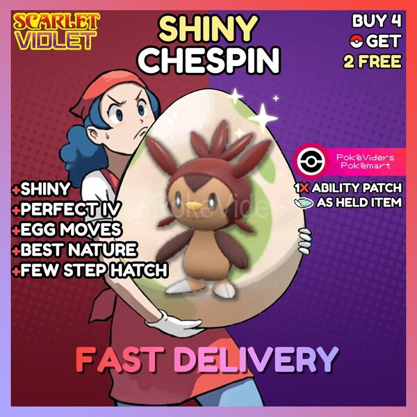 Pokemon Scarlet & Violet / Shiny Egg Chespin / 6IV / Egg Moves / Best Nature / Fast Trade / Ability Patch / Buy 4 Get 2 Free