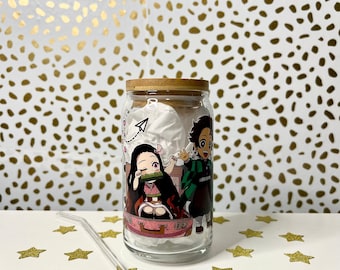 Anime Glass Cup, Kamado Siblings, Gift ideas for Anime Fan, Iced coffee Cup, Valentine’s Day anime gifts, anime gift for her, anime inspired