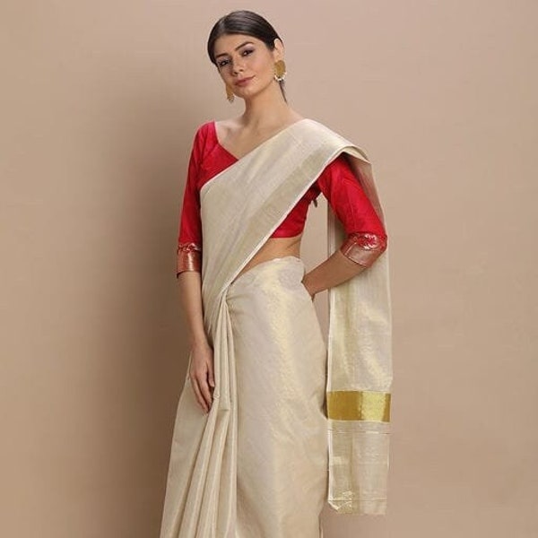 Customized ready to wear Onam saree, Kerala kasvu tissue saree, elegant zari border and pallu, stitched running blouse