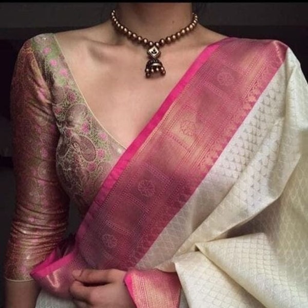 Ready to wear stitched saree, Banarasi Kora muslin saree, Tanchui design weave, contrast border, blouse matching the pallu