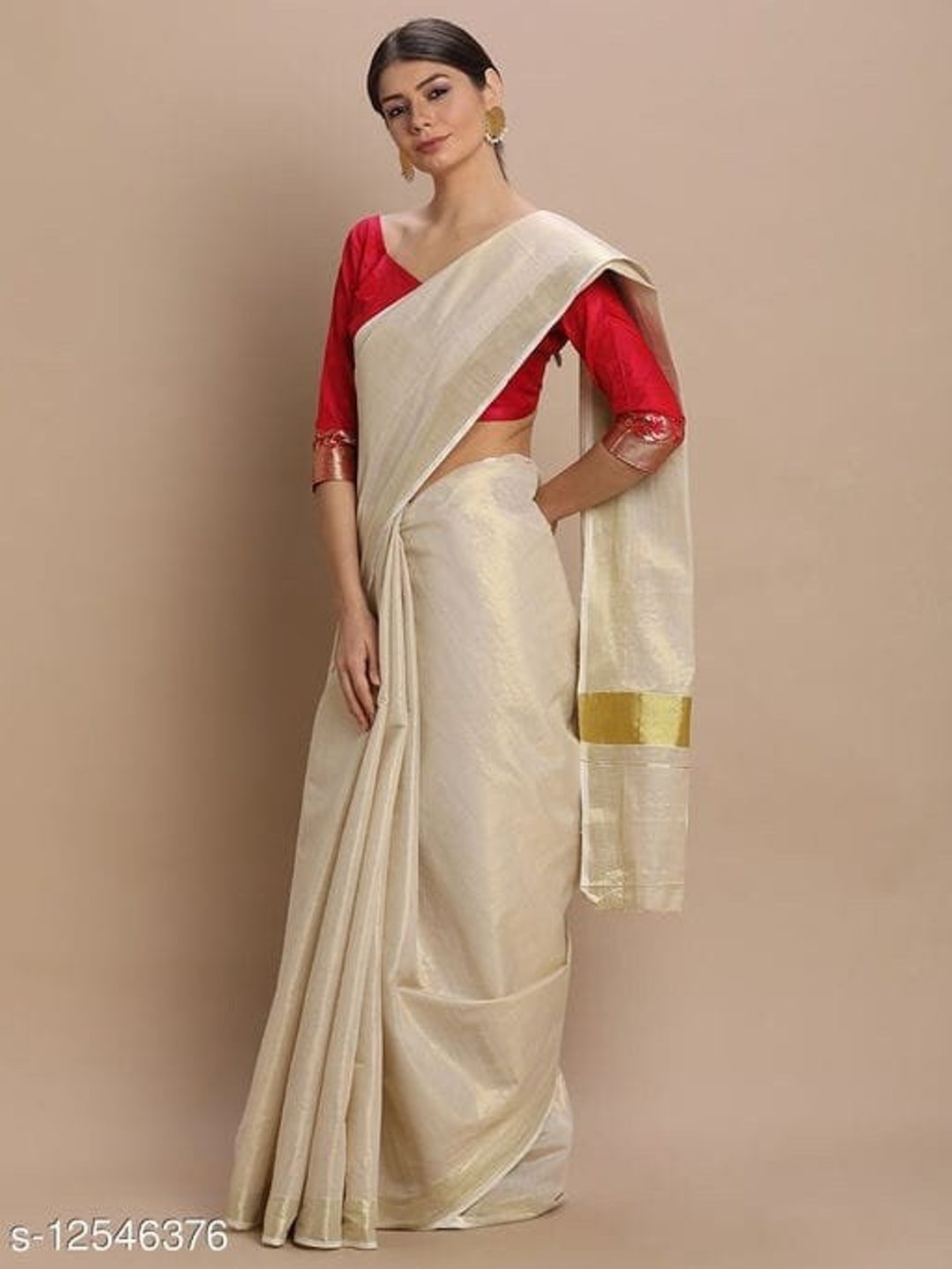 Kerala handwoven cotton plain saree in off white color with golden zari  border