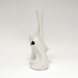 May include: A textured, off-white ceramic vase with an abstract, organic form. The vase features a tall, slender neck and a body with a large opening. The design includes a hole that goes through the body of the vase. The vase is a decorative item.