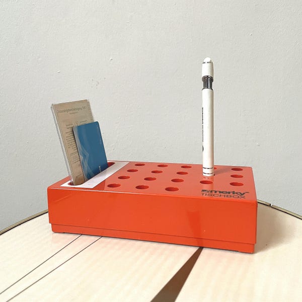 MERKY Table Box, Desk Organizer, Pen Holder, 1970s, Orange, Vintage, Office, Design