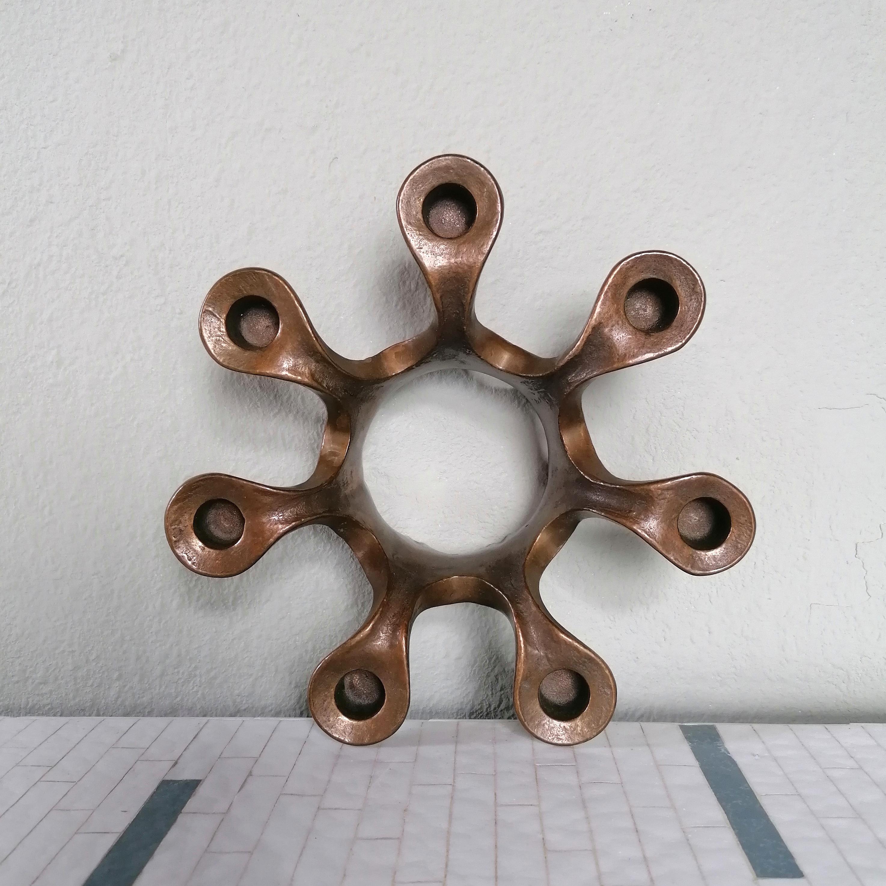 Lot De 2 Bougeoirs En Bronze Vintage Harjes - Motif Yin Yang - Art Métal Occasion Bon état