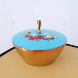 Lidded tin, enamel, vintage, brass, copper, GDR, 60s, 70s, enamel tin, mid-century