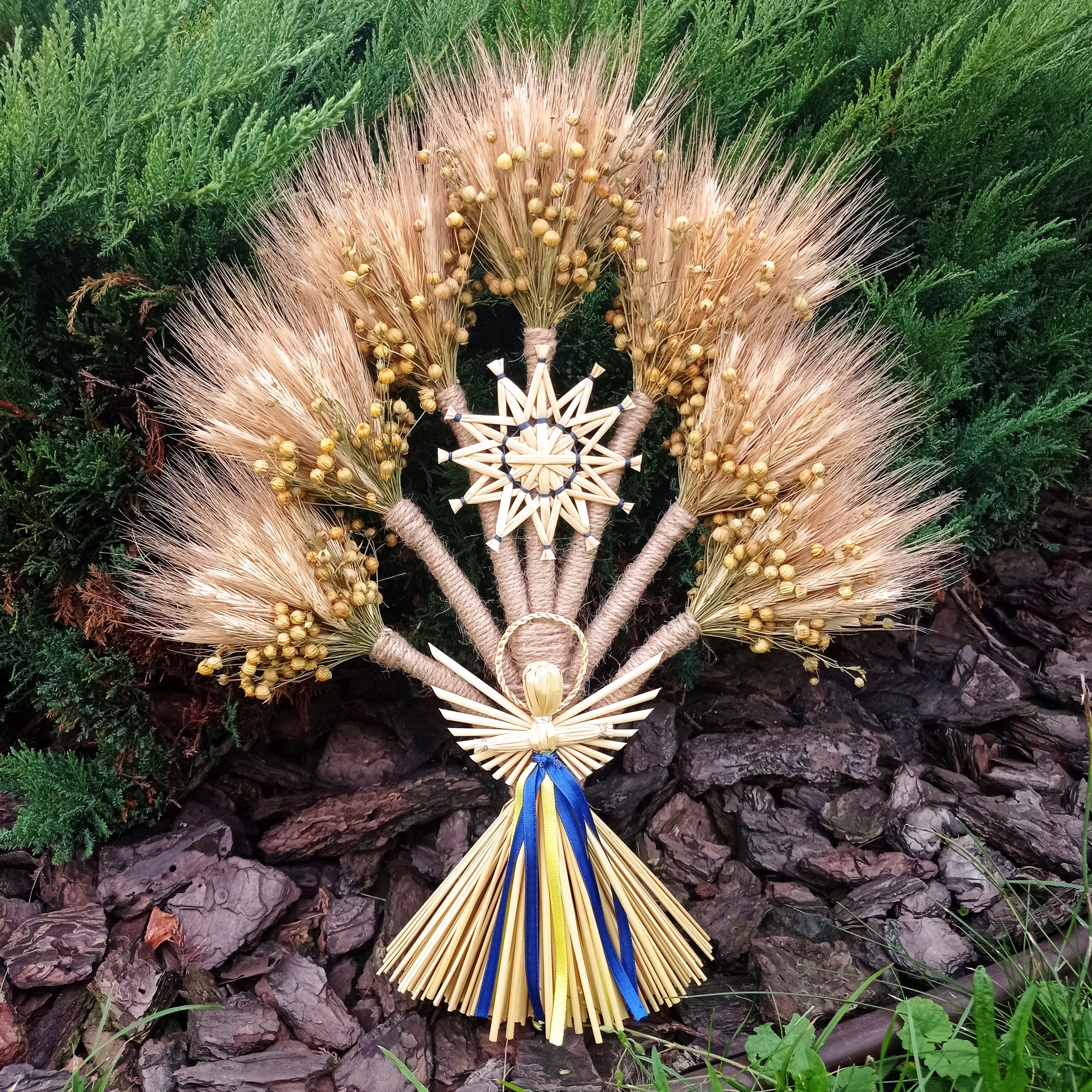 Traditional Ukrainian Didukh. Wheat Bouquet. Straw Wall Ornaments