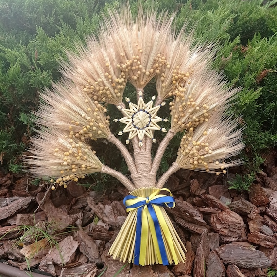 Traditional Ukrainian Didukh. Wheat Bouquet. Straw Wall Ornaments