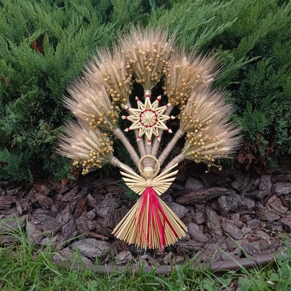 Traditional Ukrainian didukh. Wheat bouquet. Straw wall ornaments. Natural dried flower arrangement. Rustic hanging decor. Housewarming gift