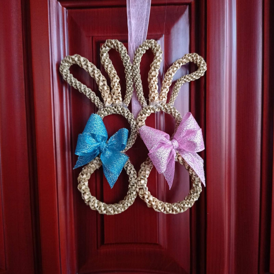 Bunny Rabbit Wreath: Straw Easter Door Hanger With Brocade Bow. Festive ...