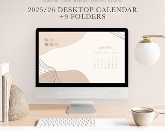 2025 2026 Calendar Wallpaper Desktop Organizer Background 12 Month Digital Laptop Computer Neutral Calendar and Folders | Instant Download
