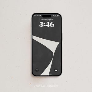 以下が含まれることがあります： スマートフォン画面に白黒の抽象的なデザインが表示されています。時間は3:46で、日付は4月3日木曜日です。電話の下に「NEUTRAL CONCEPT」というテキストがあります。