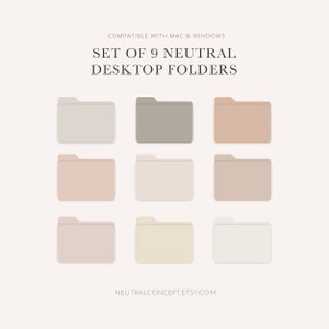 Puede incluir: Conjunto de nueve iconos de carpeta de escritorio de color neutro para ordenadores Mac y Windows. Las carpetas son de varios tonos de beige, marrón y gris.
