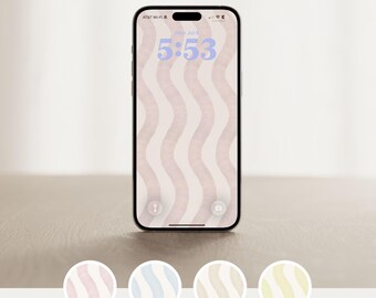 May include: A smartphone displaying a lock screen with a wavy, vertical striped pattern in soft pink and cream. The screen shows the time 5:53 and the date Mon Jul 8. Below the phone are four circular swatches showing the same wavy pattern in pink, blue, beige, and yellow.