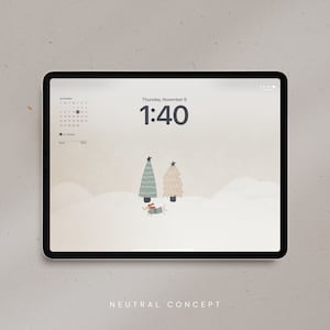 Pode incluir: Um papel de parede digital para desktop com um esquema de cores neutro que apresenta um calendário, um relógio que mostra 1:40 e duas árvores de Natal estilizadas em uma paisagem nevada. O texto "Quinta-feira, 9 de novembro" é exibido acima do relógio.