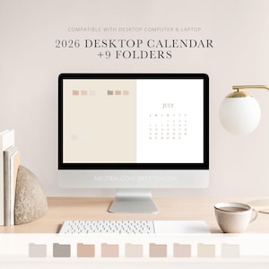Fondo de pantalla del calendario 2026: Organizador de escritorio y portátil en tonos neutros cálidos (descarga instantánea)