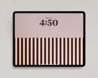 May include: A tablet device displaying a digital wallpaper with a solid light mauve upper section and a lower section featuring vertical stripes in dark brown and cream. The screen shows the time 4:50 and the date Wed Jul 1 in dark brown text.