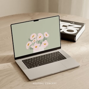 Bloemen bureaubladachtergrond: roze en groen botanisch laptopscherm (digitale download)