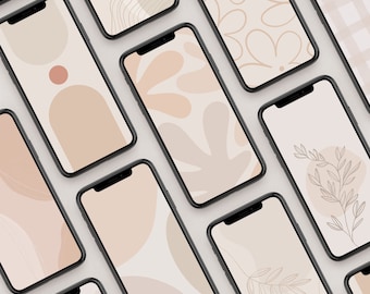 May include: A collection of phone wallpapers featuring minimalist designs in neutral colors. The designs include abstract shapes, leaves, and flowers.