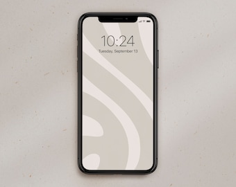 Puede incluir: Un teléfono inteligente negro con un diseño abstracto blanco en la pantalla. La hora es 10:24 y la fecha es martes 13 de septiembre.