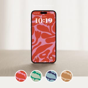 May include: A smartphone shows a red and pink floral wallpaper. The time displayed is 10:19 AM, Friday, 9th January. Four colour variations of the floral design are shown below the phone: red, teal, blue, and tan.
