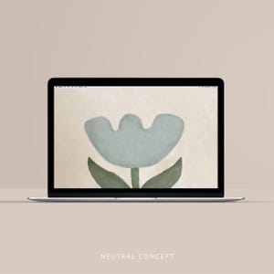 May include: A laptop displays a minimalist floral design on its screen. The artwork features a light blue flower with green leaves and stem against a beige background. The words "NEUTRAL CONCEPT" are at the bottom.