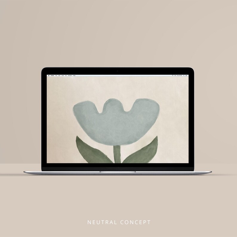 May include: A laptop displays a minimalist floral design on its screen. The artwork features a light blue flower with green leaves and stem against a beige background. The words "NEUTRAL CONCEPT" are at the bottom.