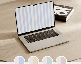 May include: A silver laptop with a black keyboard and a screen displaying blue and white vertical stripes. The laptop is on a light wood-grain surface. A black book with white text is visible in the background. The text "NEUTRAL CONCEPT" is at the top.