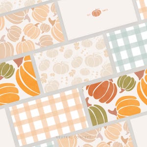 May include: A set of digital printable papers featuring a neutral colour palette with various patterns. The patterns include a gingham check, a pumpkin pattern, and a pumpkin pattern with leaves. The text "NEUTRAL CONCEPT" is at the bottom of the image.