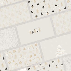 May include: A set of digital printable Christmas wallpapers featuring various patterns with a neutral colour scheme. The patterns include a simple white background with gold and black Christmas trees, ornaments, and snowmen. The text "NEUTRAL CONCEPT" is included in one of the patterns.