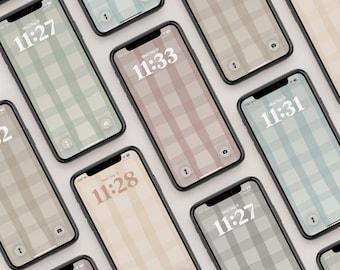 May include: Multiple smartphones arranged in a grid pattern, each displaying a unique lock screen with a soft-toned gingham plaid wallpaper in various muted colors including sage green, dusty rose, beige, and light blue, with digital clocks.