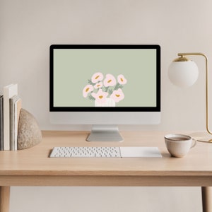 Floral Desktop Wallpaper: Pink & Green Botanical Laptop Screen (Digital Download)