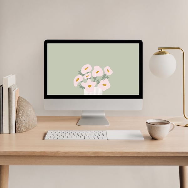 Abstract Flowers Desktop Wallpaper Pink and Green Modern Aesthetic Laptop Background | Instant Download