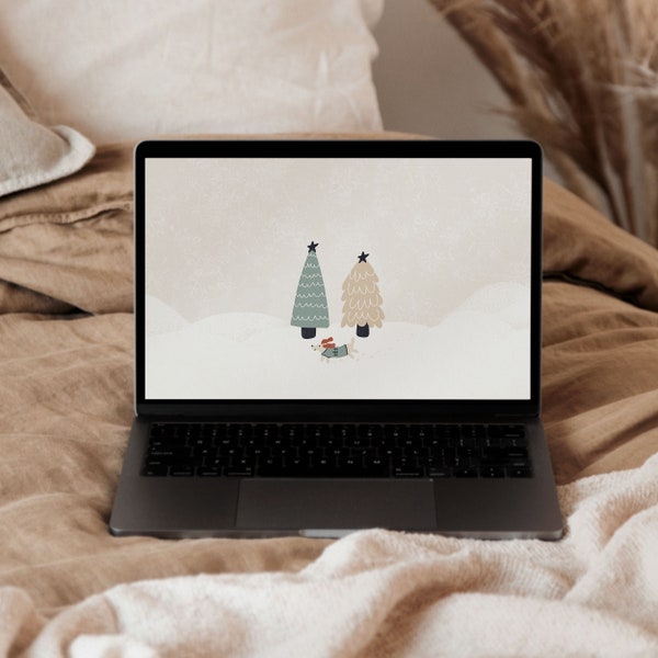 Neutral Christmas Wallpaper for Computer/Laptop Snow Winter Digital Background Holiday Wallpaper Dog Merry Christmas | Instant Download