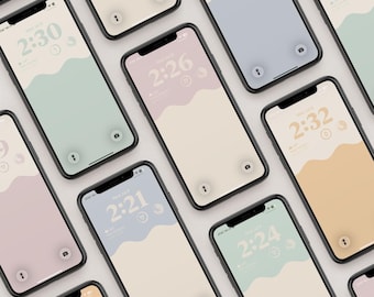 May include: A collection of smartphones displaying lock screens with a wavy, two-tone color design in various pastel shades. Each screen shows a digital clock, date, and small circular icons for camera and flashlight functions on a neutral background.