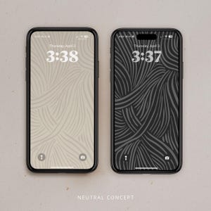 May include: Two smartphone mockups with different backgrounds. The left phone has a light beige background with a wavy pattern. The right phone has a black background with a wavy pattern. Both phones display the time and date. The text on the left phone reads "Thursday, April 3" and "3:38". The text on the right phone reads "Thursday, April 3" and "3:37".