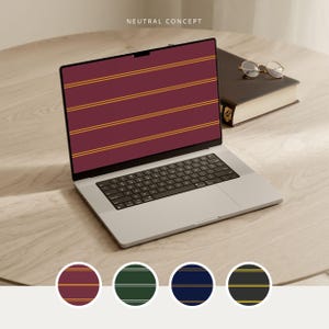 May include: A silver laptop displaying a maroon screen with horizontal gold stripes and the text NEUTRAL CONCEPT. Beside the laptop sits a dark book and round glasses. Four circular swatches show maroon, green, navy, and black striped patterns.