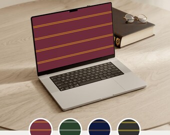 May include: A silver laptop displaying a maroon screen with horizontal gold stripes and the text NEUTRAL CONCEPT. Beside the laptop sits a dark book and round glasses. Four circular swatches show maroon, green, navy, and black striped patterns.
