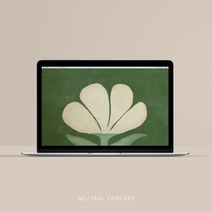 May include: A laptop displays a digital art piece featuring a large, stylized white flower against a green background. The laptop is open, and the screen shows the floral design. The words "NEUTRAL CONCEPT" are at the bottom of the image.
