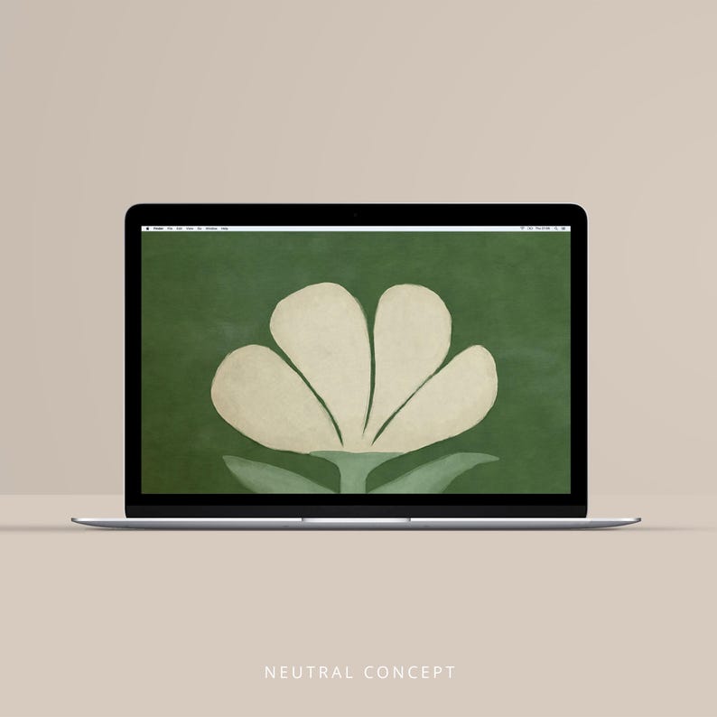 May include: A laptop displays a digital art piece featuring a large, stylized white flower against a green background. The laptop is open, and the screen shows the floral design. The words "NEUTRAL CONCEPT" are at the bottom of the image.
