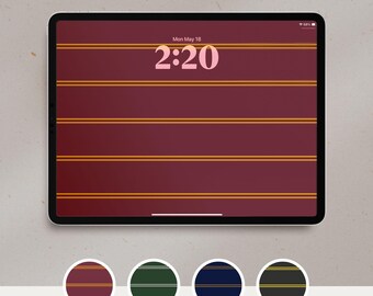 May include: A tablet screen displaying a digital wallpaper with a deep maroon background and horizontal gold stripes. The screen shows the text NEUTRAL CONCEPT at the top, and the time 2:20 with the date Mon May 18. Four circular color swatches are below.