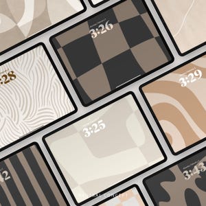 May include: A collection of digital phone wallpapers featuring abstract geometric shapes in neutral colors, with a digital clock displaying the time and date.