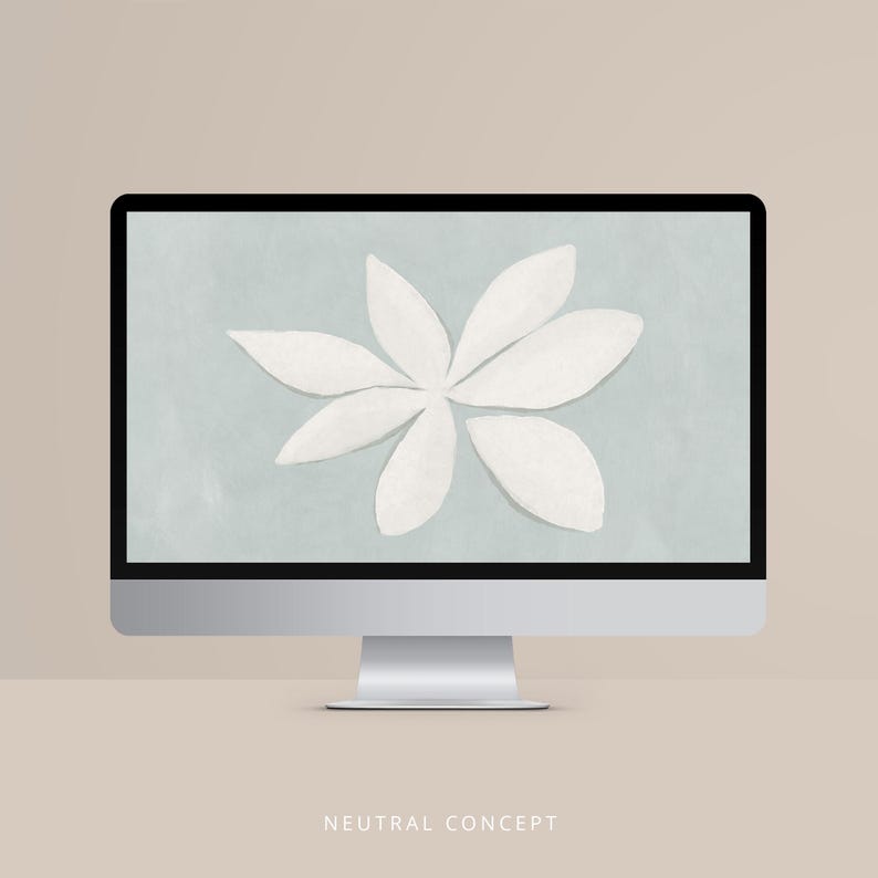 May include: A desktop computer displays a white flower design on a light blue background. The flower has six petals. The words "NEUTRAL CONCEPT" are at the bottom of the screen.