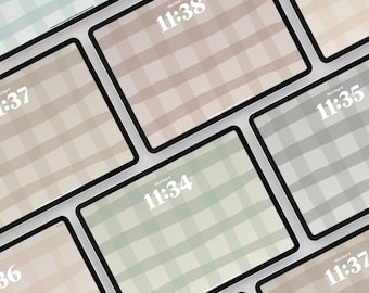 May include: Multiple tablet screens displaying digital wallpaper designs with a soft-toned plaid pattern in shades of sage green, beige, taupe, and light blue. Each screen shows a white digital clock display with the text Wed Sep 9 and time.