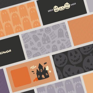 Op de afbeelding: Een verzameling digitale achtergronden met een Halloween-thema, voorzien van patronen met oranje spoken, zwarte pompoenen en spookhuizen. Sommige ontwerpen bevatten de tekst "HALLOWEEN" of "HAPPY HALLOWEEN" in een speels, licht lettertype.
