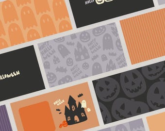 May include: A collection of digital Halloween-themed backgrounds featuring patterns of orange ghosts, black jack-o'-lanterns, and haunted houses. Some designs include the text "HALLOWEEN" or "HAPPY HALLOWEEN" in a light-colored, playful, sans-serif font.