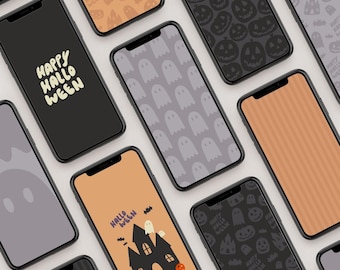 May include: A collection of smartphones displaying various digital wallpapers with Halloween themes, including patterns of ghosts, pumpkins, and haunted houses, as well as striped backgrounds and the text "HAPPY HALLOWEEN" in a light cream font.