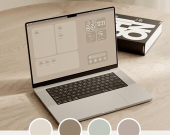 May include: A silver laptop with a black keyboard and a screen displaying a neutral-toned digital interface with widgets and the text NEUTRAL CONCEPT. A black and white book sits nearby, and four circular color swatches are shown at the bottom.